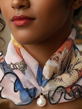 Colorful Butterfly Floral Ruffle Scarf Faux Pearl Accent
